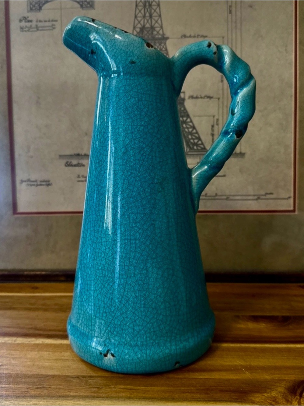 Hobby Lobby Farmhouse Turquoise Crackle Glaze Decorative Pitcher Jug Vase 11”